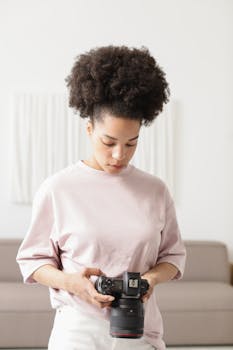 Portrait of a woman with afro hairstyle looking at a DSLR camera in a modern indoor setting.